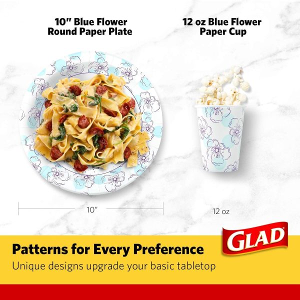 Glad Round Disposable Paper Plates 10 in, Blue Flower|Soak Proof, Cut Proof, Microwave Safe Heavy Duty Paper Plates For Parties|50 Count Bulk Paper Plates 10 Inch