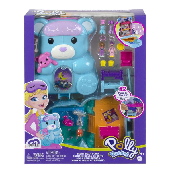 Polly Pocket Teddy Bear Purse Compact, 2 Micro Dolls, 16 Accessories, Pop & Swap Peg Feature, 4 & Up