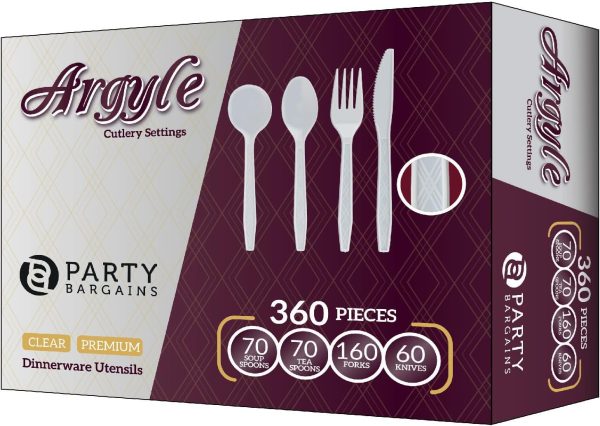 Party Bargains Disposable Cutlery set, SAPPHIRE Design, Clear Color, 360 Pieces: 180 Forks, 120 Spoons, 60 Knives