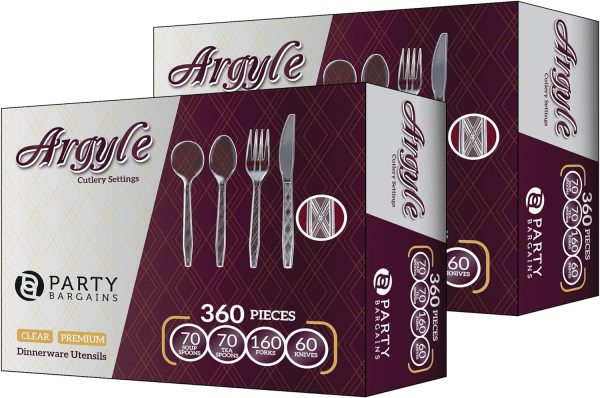 Party Bargains Disposable Cutlery set, SAPPHIRE Design, Clear Color, 360 Pieces: 180 Forks, 120 Spoons, 60 Knives