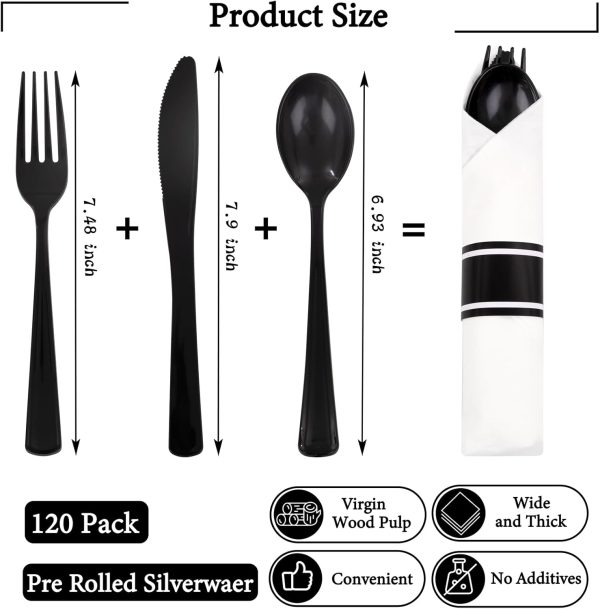 Supernal 60 Pack Pre Rolled Napkins with Gold Plastic Silverware, Premium Disposable Gold Wrapped Cutlery Set Includes: 60 Forks 60 Knives 60 Spoons 60 Napkin for Party