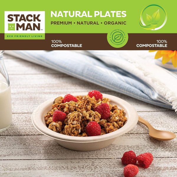 Paper Plates, 100% Compostable Heavy Duty Disposable Plate - [125-Pack] - {PFAS-Free} - {BPI Certified} - [9 Inch] Eco-Friendly, Biodegradable Bagasse Natural Brown 9" Dinner Plates - By Stack Man