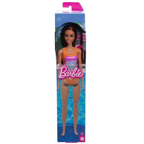 Beach Barbie Doll With Light Brown Hair Wearing Tropical Pink And Orange Swimsuit