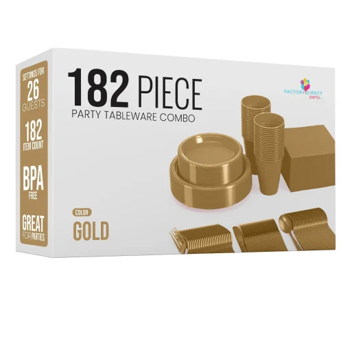 182 Pcs Gold Plastic Dinnerware Set | Setting for 26