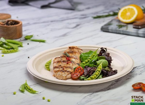 Paper Plates, 100% Compostable Heavy Duty Disposable Plate - [125-Pack] - {PFAS-Free} - {BPI Certified} - [9 Inch] Eco-Friendly, Biodegradable Bagasse Natural Brown 9" Dinner Plates - By Stack Man