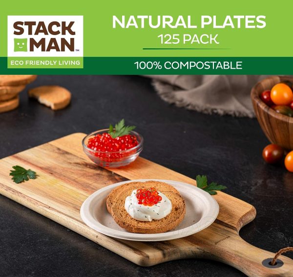 Paper Plates, 100% Compostable Heavy Duty Disposable Plate - [125-Pack] - {PFAS-Free} - {BPI Certified} - [9 Inch] Eco-Friendly, Biodegradable Bagasse Natural Brown 9" Dinner Plates - By Stack Man