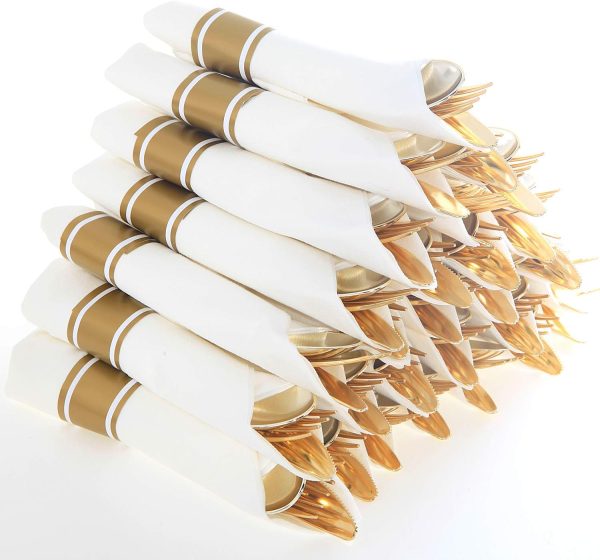 Supernal 60 Pack Pre Rolled Napkins with Gold Plastic Silverware, Premium Disposable Gold Wrapped Cutlery Set Includes: 60 Forks 60 Knives 60 Spoons 60 Napkin for Party