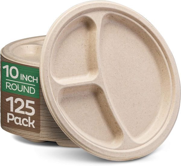 Paper Plates, 100% Compostable Heavy Duty Disposable Plate - [125-Pack] - {PFAS-Free} - {BPI Certified} - [9 Inch] Eco-Friendly, Biodegradable Bagasse Natural Brown 9" Dinner Plates - By Stack Man