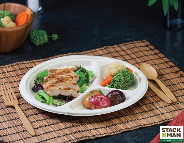Paper Plates, 100% Compostable Heavy Duty Disposable Plate - [125-Pack] - {PFAS-Free} - {BPI Certified} - [9 Inch] Eco-Friendly, Biodegradable Bagasse Natural Brown 9" Dinner Plates - By Stack Man