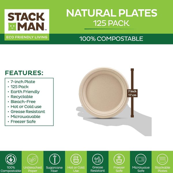 Paper Plates, 100% Compostable Heavy Duty Disposable Plate - [125-Pack] - {PFAS-Free} - {BPI Certified} - [9 Inch] Eco-Friendly, Biodegradable Bagasse Natural Brown 9" Dinner Plates - By Stack Man