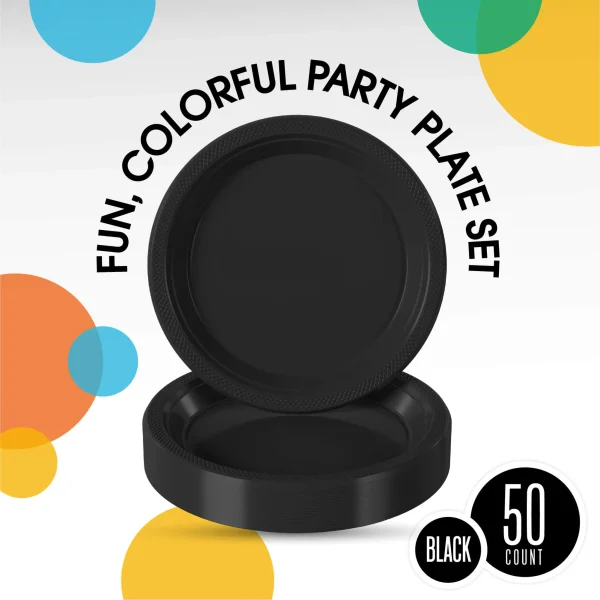 10 In. Black Plastic Plates | 50 Count