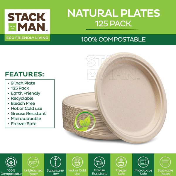 Paper Plates, 100% Compostable Heavy Duty Disposable Plate - [125-Pack] - {PFAS-Free} - {BPI Certified} - [9 Inch] Eco-Friendly, Biodegradable Bagasse Natural Brown 9" Dinner Plates - By Stack Man