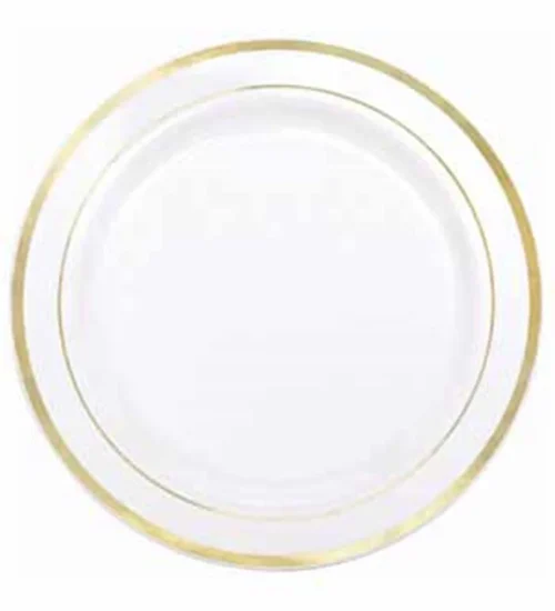 Premium Plastic Round Plates White with Gold Trim 10.25 inch 10ct