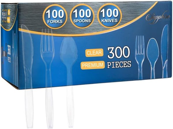 Party Bargains Disposable Cutlery set, SAPPHIRE Design, Clear Color, 360 Pieces: 180 Forks, 120 Spoons, 60 Knives