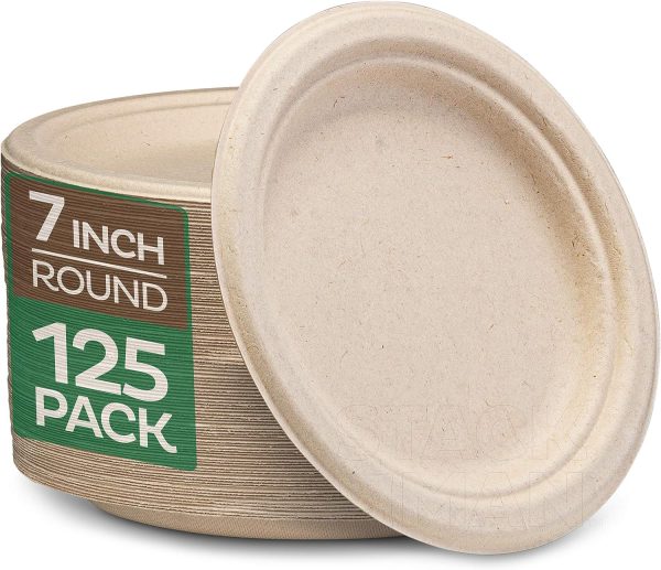 Paper Plates, 100% Compostable Heavy Duty Disposable Plate - [125-Pack] - {PFAS-Free} - {BPI Certified} - [9 Inch] Eco-Friendly, Biodegradable Bagasse Natural Brown 9" Dinner Plates - By Stack Man