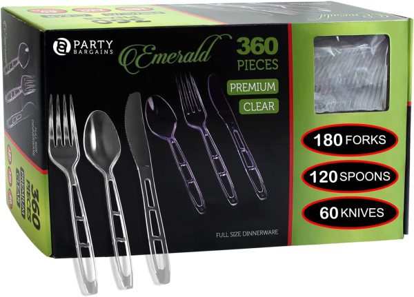 Party Bargains Disposable Cutlery set, SAPPHIRE Design, Clear Color, 360 Pieces: 180 Forks, 120 Spoons, 60 Knives