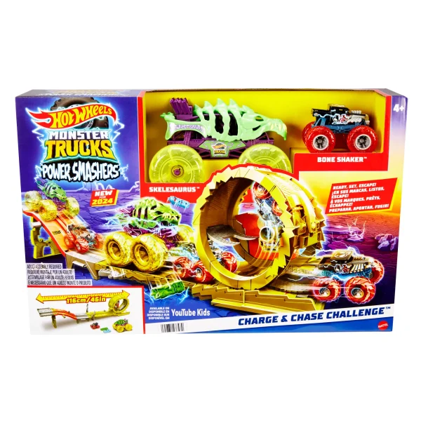 Hot Wheels Monster Trucks Power Smashers Charge & Chase Challenge Track Set With Oversized Skelesaurus, 1:64 Scale Bone Shaker & 2 Crushed Cars