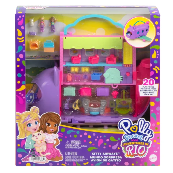 Polly Pocket Kitty AIrways Playset With 2 Micro Dolls And Pet, AIrplane Travel Toy With Accessories