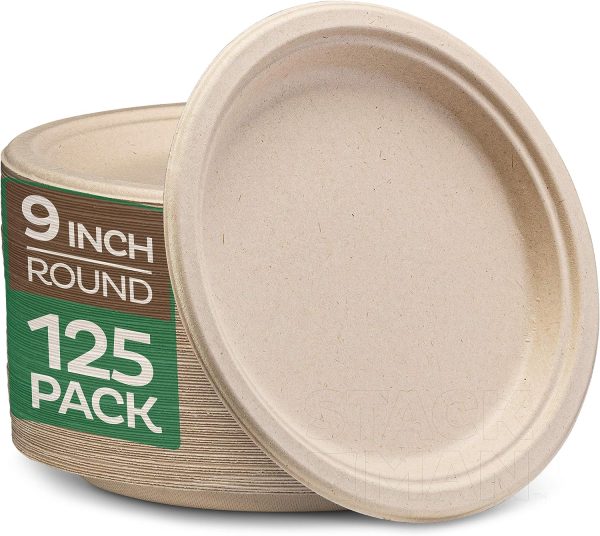 Paper Plates, 100% Compostable Heavy Duty Disposable Plate - [125-Pack] - {PFAS-Free} - {BPI Certified} - [9 Inch] Eco-Friendly, Biodegradable Bagasse Natural Brown 9" Dinner Plates - By Stack Man