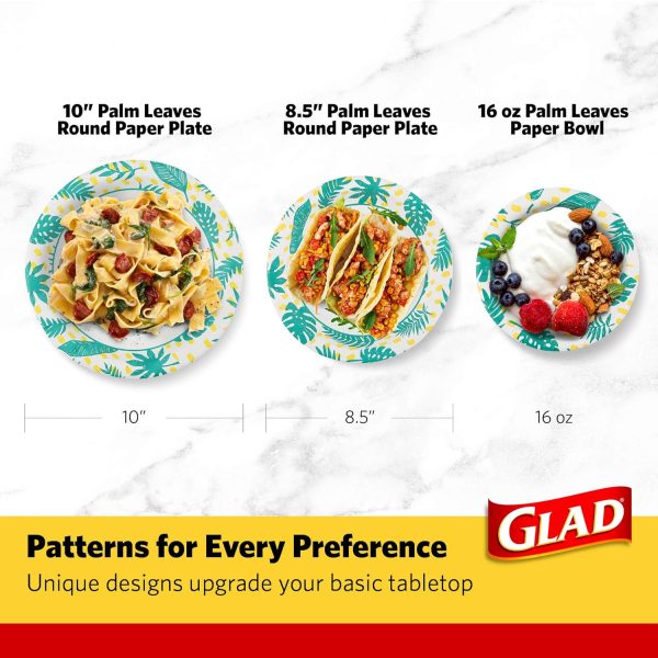 Glad Disposable Soup Bowls for Hot Food - Heavy Duty, Cut Resistant, Microwaveable Paper Bowls with Tropical Palm Leaves Design - Ideal for Party, Chili, Fruit, Salad, Ice Cream - 16 Oz, 50 Count