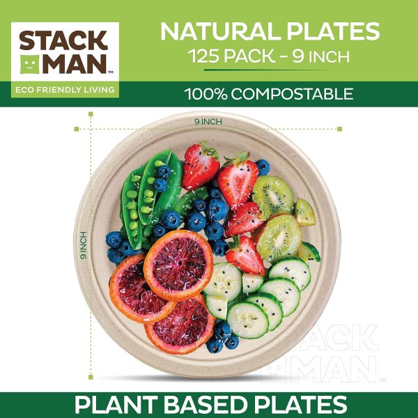 Paper Plates, 100% Compostable Heavy Duty Disposable Plate - [125-Pack] - {PFAS-Free} - {BPI Certified} - [9 Inch] Eco-Friendly, Biodegradable Bagasse Natural Brown 9" Dinner Plates - By Stack Man