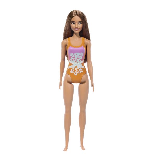 Beach Barbie Doll With Light Brown Hair Wearing Tropical Pink And Orange Swimsuit