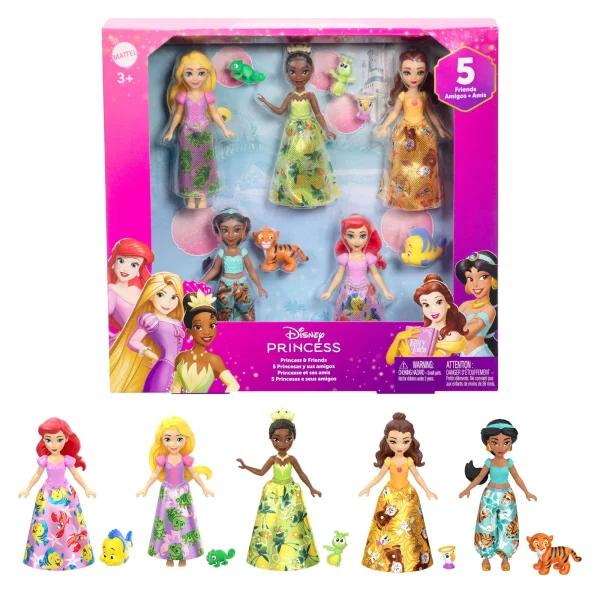 Disney Princess & Friends Set With 5 Small Dolls in Sparkling Outfits & 5 Friend Figures