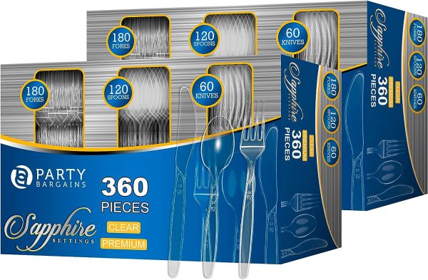 Party Bargains Disposable Cutlery set, SAPPHIRE Design, Clear Color, 360 Pieces: 180 Forks, 120 Spoons, 60 Knives