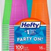Hefty Party On Disposable Plastic Cups, Assorted, 16 Ounce, 100 Count