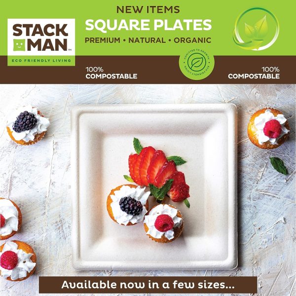 Paper Plates, 100% Compostable Heavy Duty Disposable Plate - [125-Pack] - {PFAS-Free} - {BPI Certified} - [9 Inch] Eco-Friendly, Biodegradable Bagasse Natural Brown 9" Dinner Plates - By Stack Man