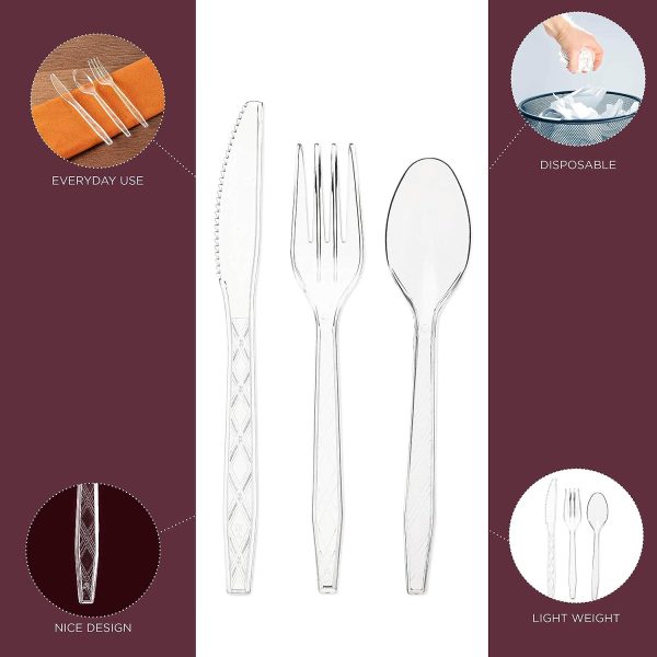 Party Bargains Disposable Cutlery set, SAPPHIRE Design, Clear Color, 360 Pieces: 180 Forks, 120 Spoons, 60 Knives