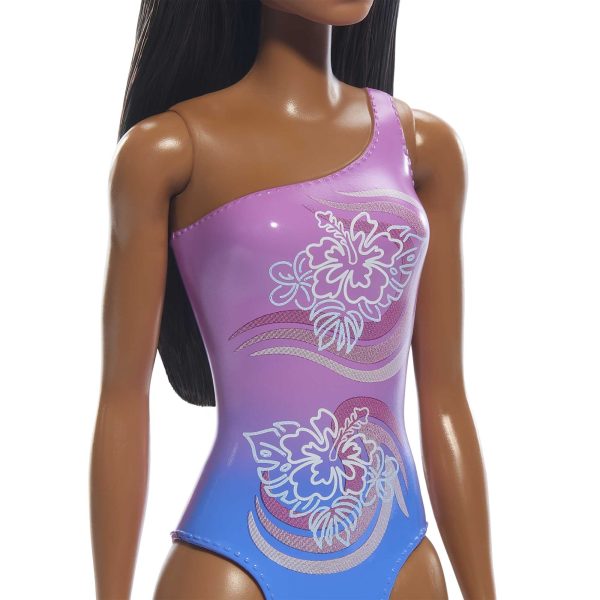 Beach Barbie Doll With Dark Brown Hair Wearing Tropical Purple Swimsuit