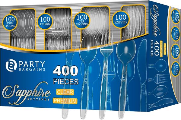 Party Bargains Disposable Cutlery set, SAPPHIRE Design, Clear Color, 360 Pieces: 180 Forks, 120 Spoons, 60 Knives