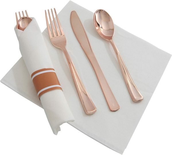 Supernal 60 Pack Pre Rolled Napkins with Gold Plastic Silverware, Premium Disposable Gold Wrapped Cutlery Set Includes: 60 Forks 60 Knives 60 Spoons 60 Napkin for Party