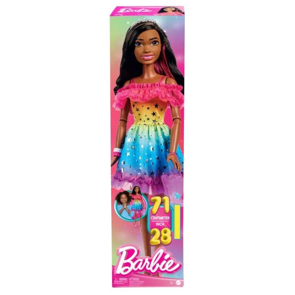 Barbie Large Doll, Dark Brown Hair, 28 Inches Tall With Rainbow Dress & Accessories Like Shooting Star Handbag