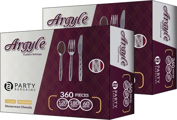 Party Bargains Disposable Cutlery set, SAPPHIRE Design, Clear Color, 360 Pieces: 180 Forks, 120 Spoons, 60 Knives