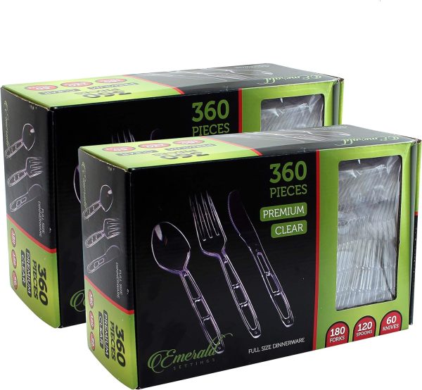 Party Bargains Disposable Cutlery set, SAPPHIRE Design, Clear Color, 360 Pieces: 180 Forks, 120 Spoons, 60 Knives