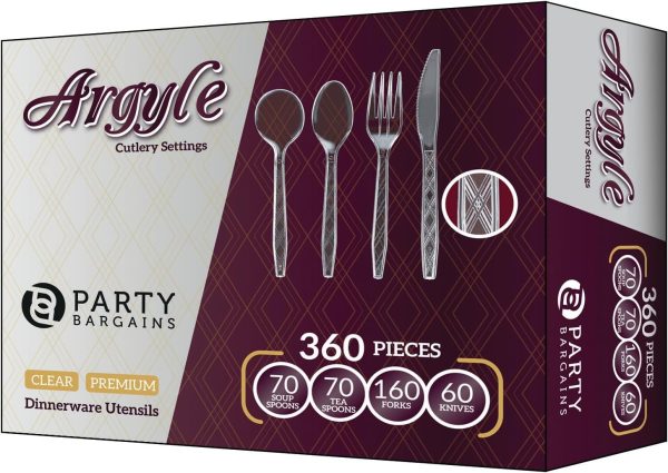 Party Bargains Disposable Cutlery set, SAPPHIRE Design, Clear Color, 360 Pieces: 180 Forks, 120 Spoons, 60 Knives