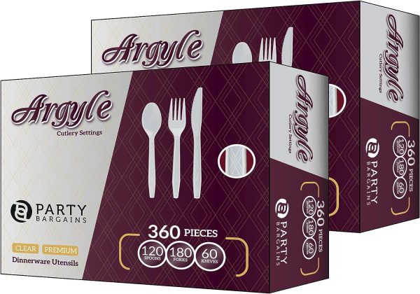 Party Bargains Disposable Cutlery set, SAPPHIRE Design, Clear Color, 360 Pieces: 180 Forks, 120 Spoons, 60 Knives
