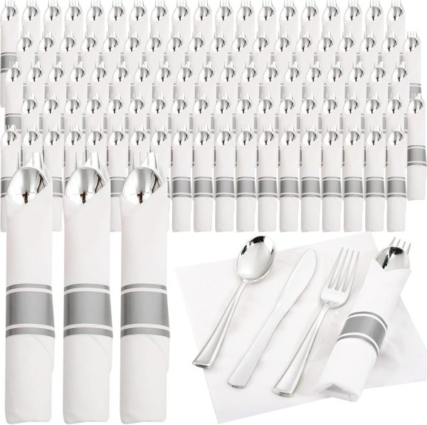 Supernal 60 Pack Pre Rolled Napkins with Gold Plastic Silverware, Premium Disposable Gold Wrapped Cutlery Set Includes: 60 Forks 60 Knives 60 Spoons 60 Napkin for Party