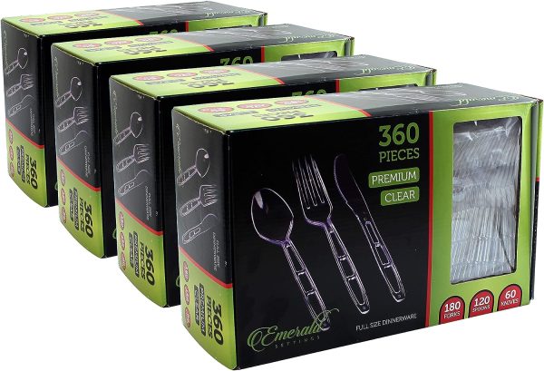 Party Bargains Disposable Cutlery set, SAPPHIRE Design, Clear Color, 360 Pieces: 180 Forks, 120 Spoons, 60 Knives