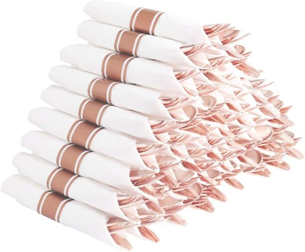 Supernal 60 Pack Pre Rolled Napkins with Gold Plastic Silverware, Premium Disposable Gold Wrapped Cutlery Set Includes: 60 Forks 60 Knives 60 Spoons 60 Napkin for Party