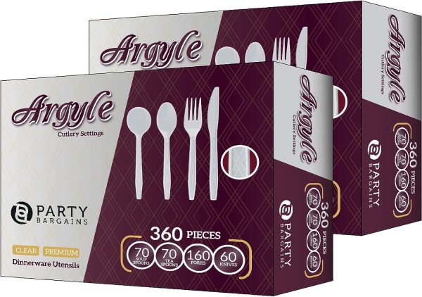 Party Bargains Disposable Cutlery set, SAPPHIRE Design, Clear Color, 360 Pieces: 180 Forks, 120 Spoons, 60 Knives