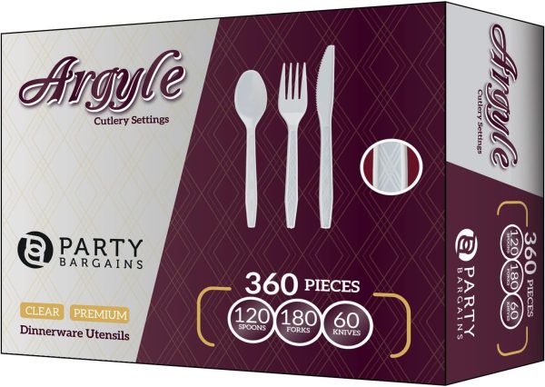 Party Bargains Disposable Cutlery set, SAPPHIRE Design, Clear Color, 360 Pieces: 180 Forks, 120 Spoons, 60 Knives