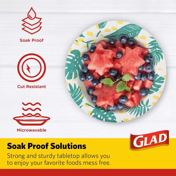 Glad Disposable Soup Bowls for Hot Food - Heavy Duty, Cut Resistant, Microwaveable Paper Bowls with Tropical Palm Leaves Design - Ideal for Party, Chili, Fruit, Salad, Ice Cream - 16 Oz, 50 Count