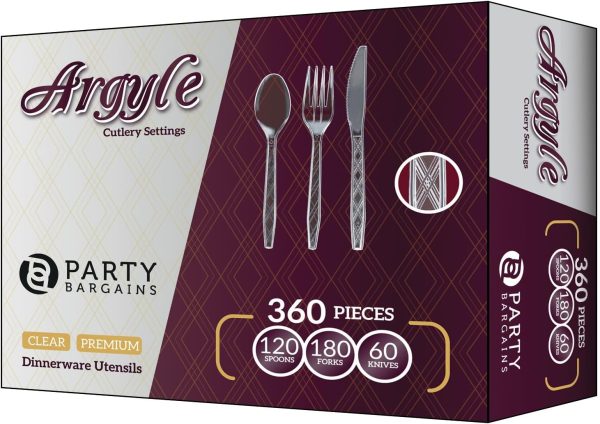 Party Bargains Disposable Cutlery set, SAPPHIRE Design, Clear Color, 360 Pieces: 180 Forks, 120 Spoons, 60 Knives