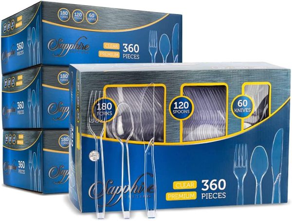 Party Bargains Disposable Cutlery set, SAPPHIRE Design, Clear Color, 360 Pieces: 180 Forks, 120 Spoons, 60 Knives